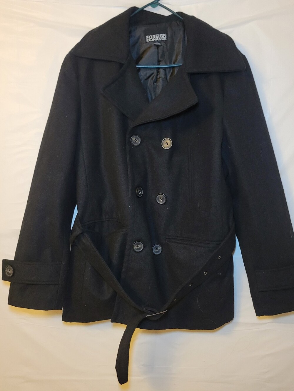 Foreign Exchange Black Double-Breasted Wool Pea Coat with Belt